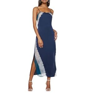 Ramy Brook Erena Lace Embellished Satin Slip Midi Dress Navy Size 8